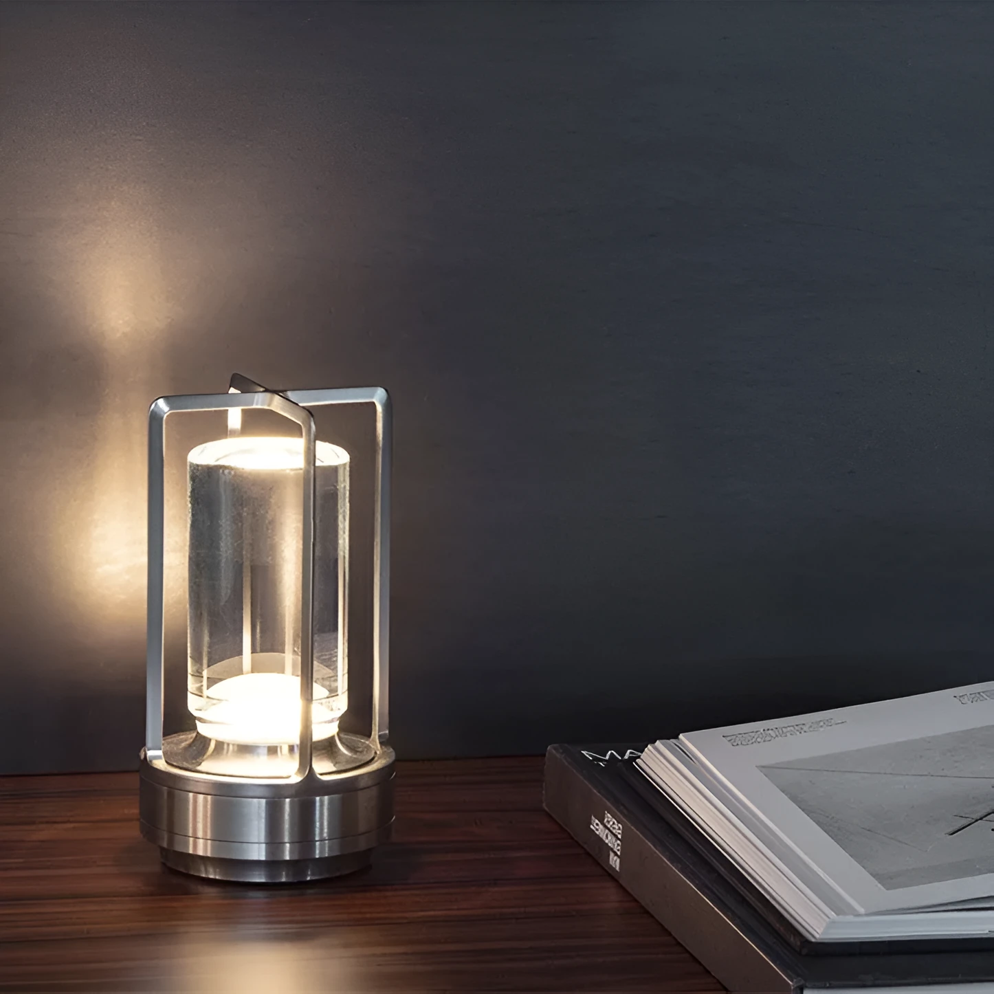 LED camping light with touch charging in black, aluminium and acrylic build, 3W power, 90x180mm size, on a wooden table