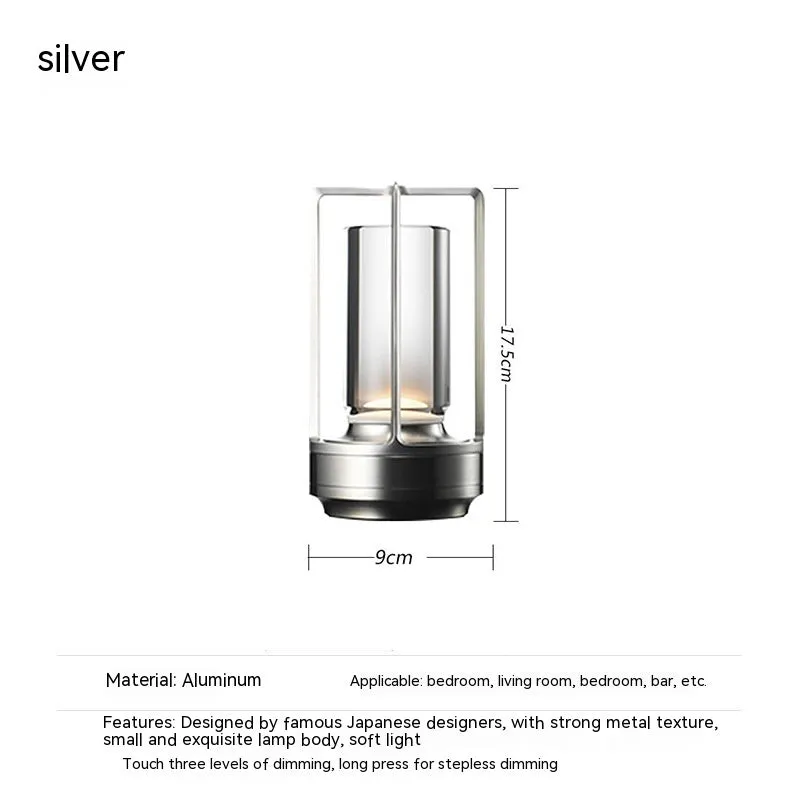 LED camping light with touch charging in black, aluminium and acrylic build, 3W power, 90x180mm size, on a wooden table