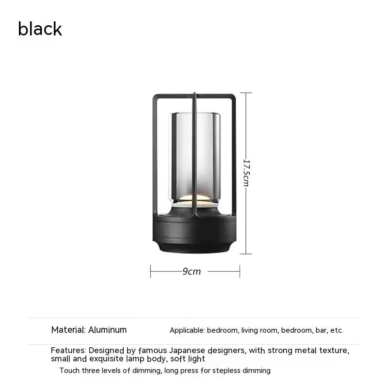 LED camping light with touch charging in black, aluminium and acrylic build, 3W power, 90x180mm size, on a wooden table
