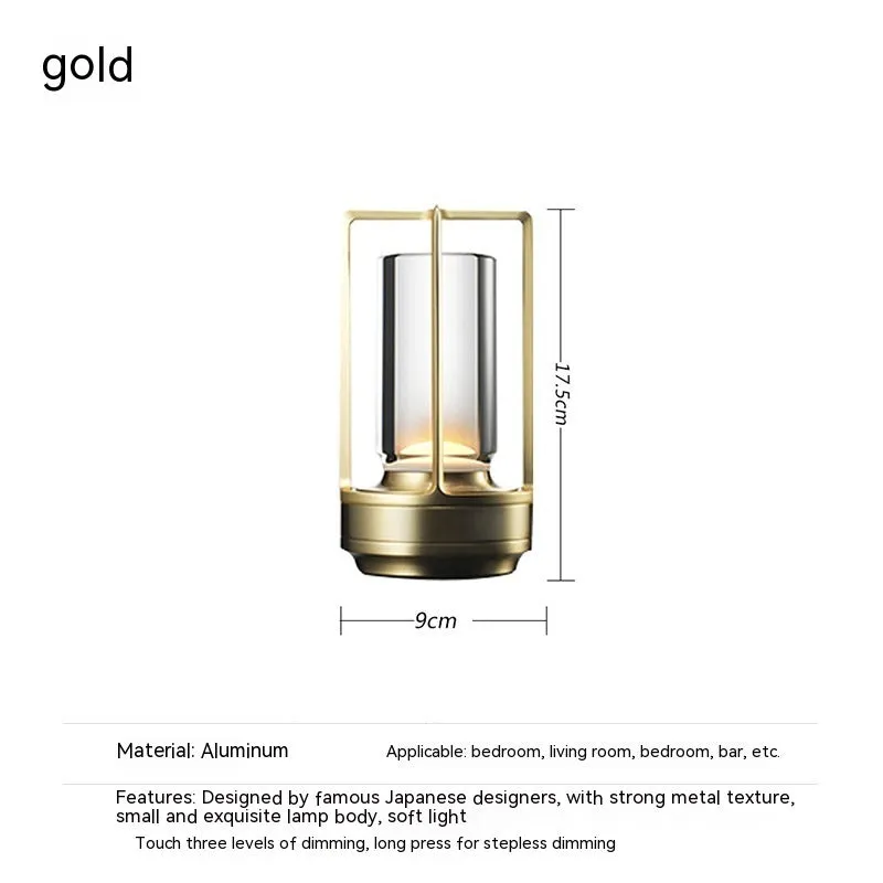 LED camping light with touch charging in black, aluminium and acrylic build, 3W power, 90x180mm size, on a wooden table