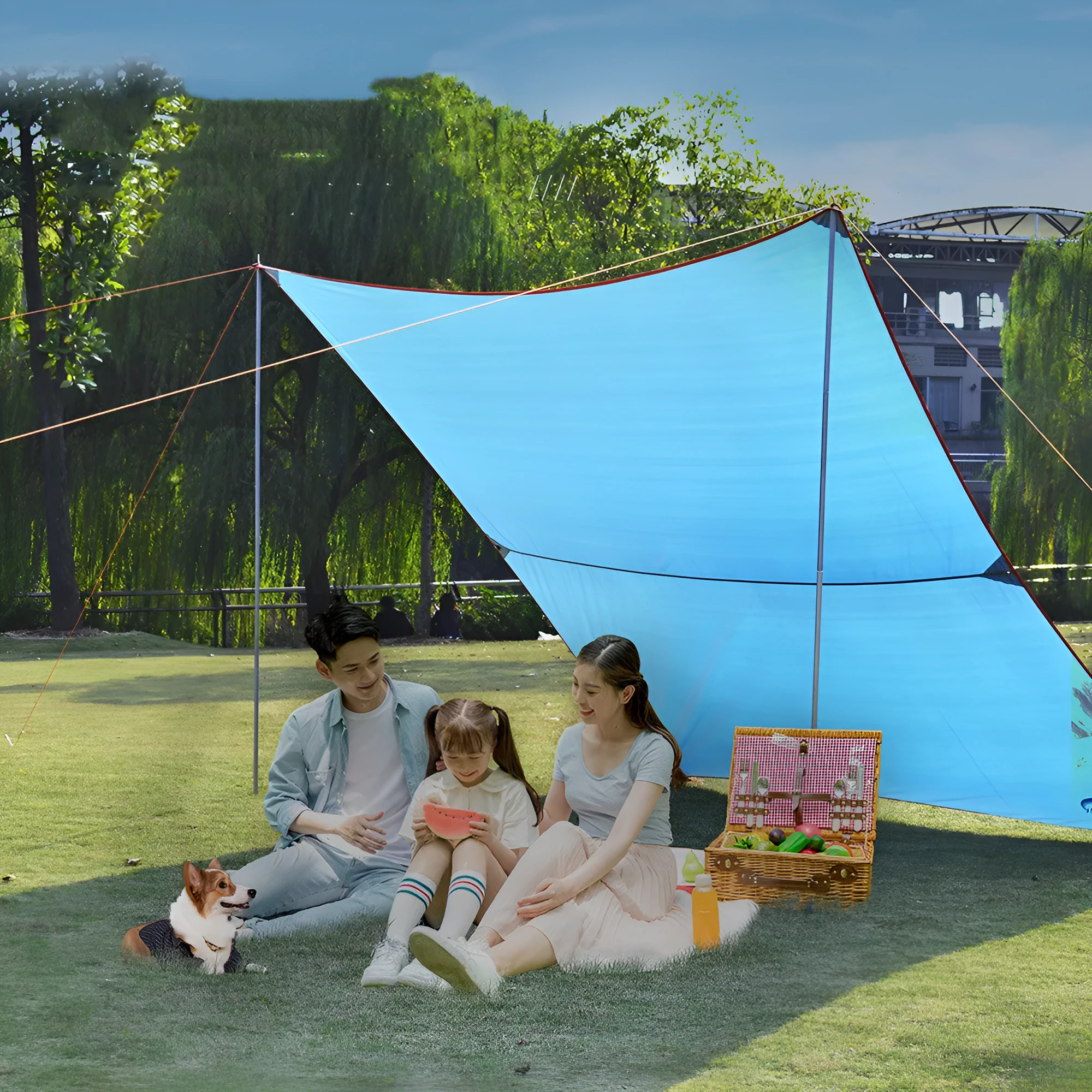 UV and rainproof awning outdoor camping tent in khaki, 300x290CM, made from 150D Oxford cloth with galvanised poles