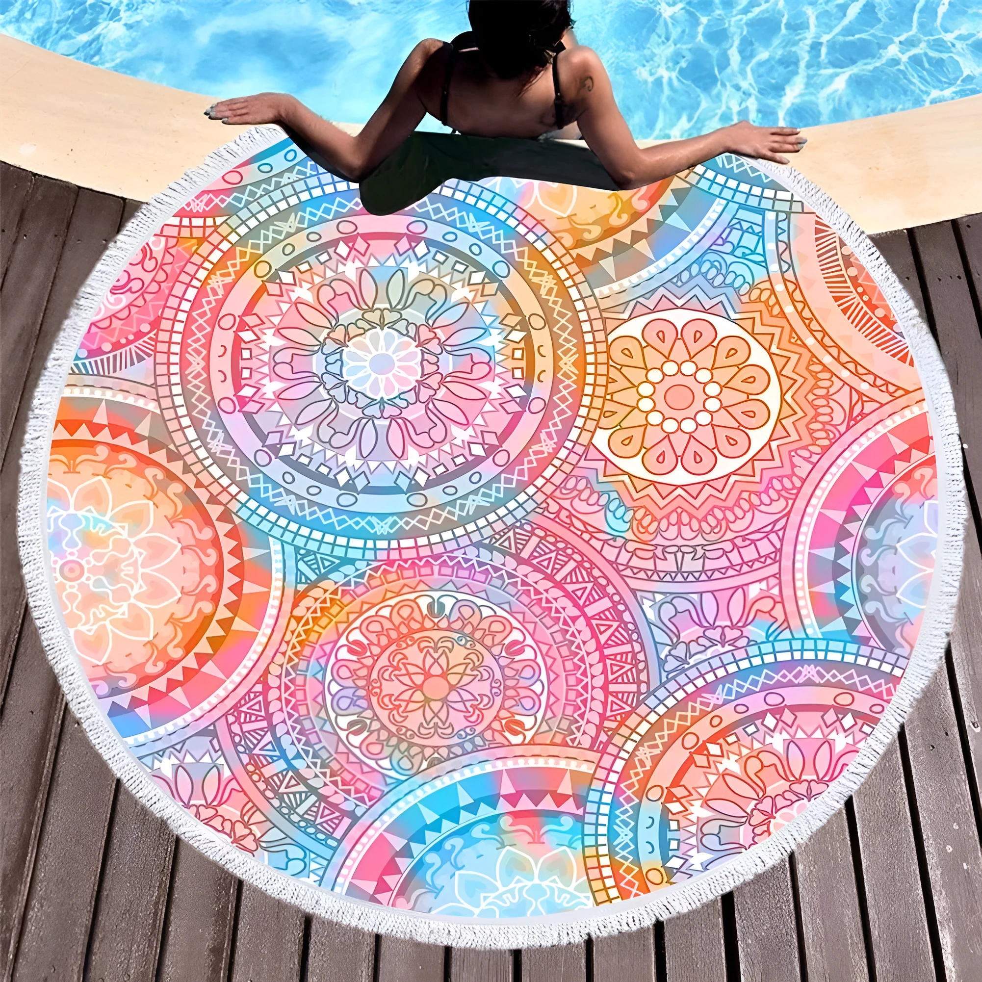 Circular microfibre beach towel 150cm digital print in decor colour