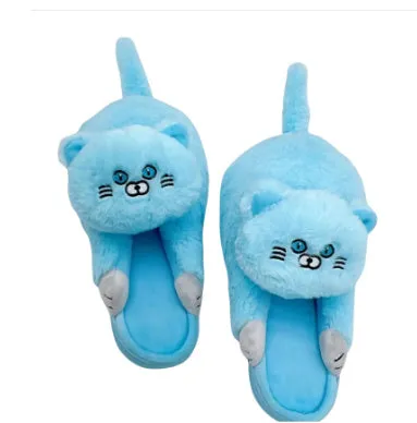 Pair of beige cat hug plush cotton slippers with non-slip sole on a soft floor