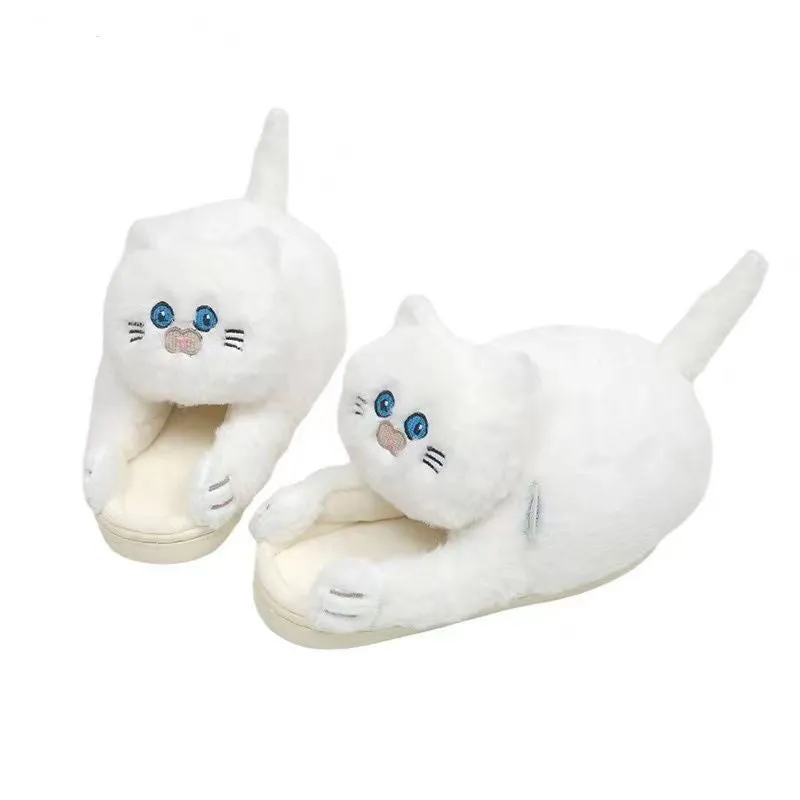Pair of beige cat hug plush cotton slippers with non-slip sole on a soft floor