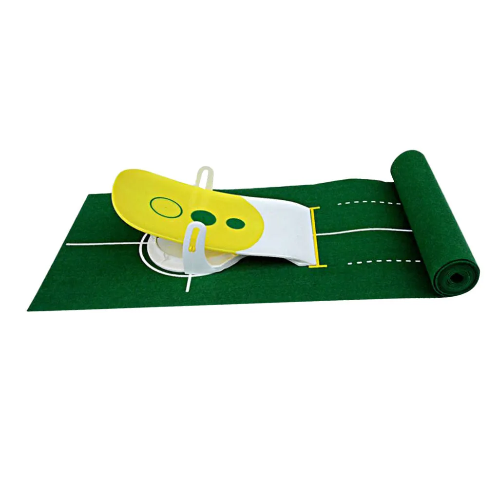 Precision putter exerciser on a green non-woven blanket with a 27cm simulator target for indoor golf practice