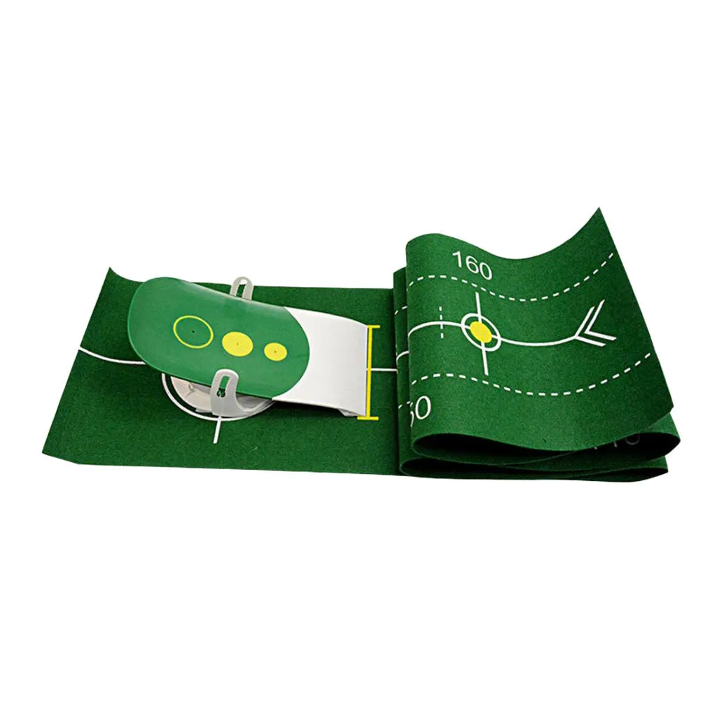 Precision putter exerciser on a green non-woven blanket with a 27cm simulator target for indoor golf practice