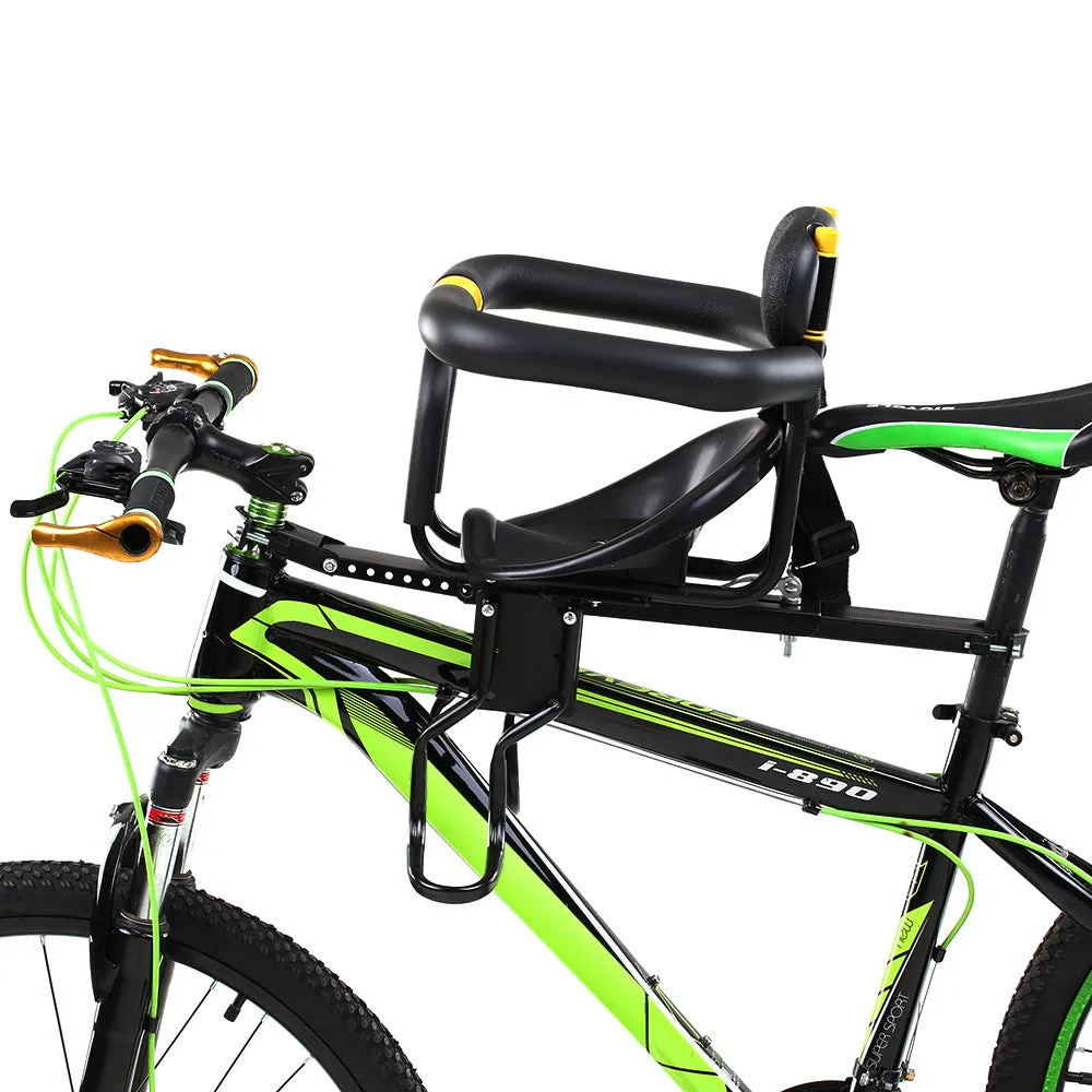 Front mounted steel bicycle child seat on mountain bike, black colour option