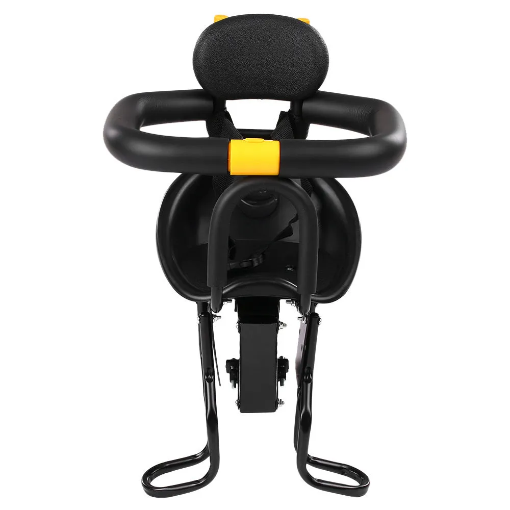 Front mounted steel bicycle child seat on mountain bike, black colour option