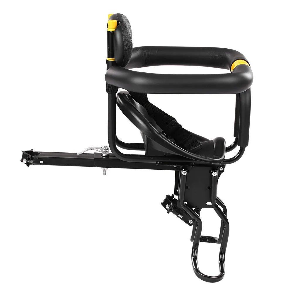 Front mounted steel bicycle child seat on mountain bike, black colour option