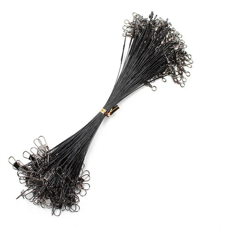 20 pack of anti bite steel wire fishing leaders with swivel in black and green, lengths 15-30cm