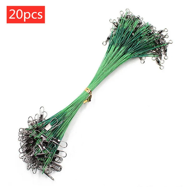 20 pack of anti bite steel wire fishing leaders with swivel in black and green, lengths 15-30cm