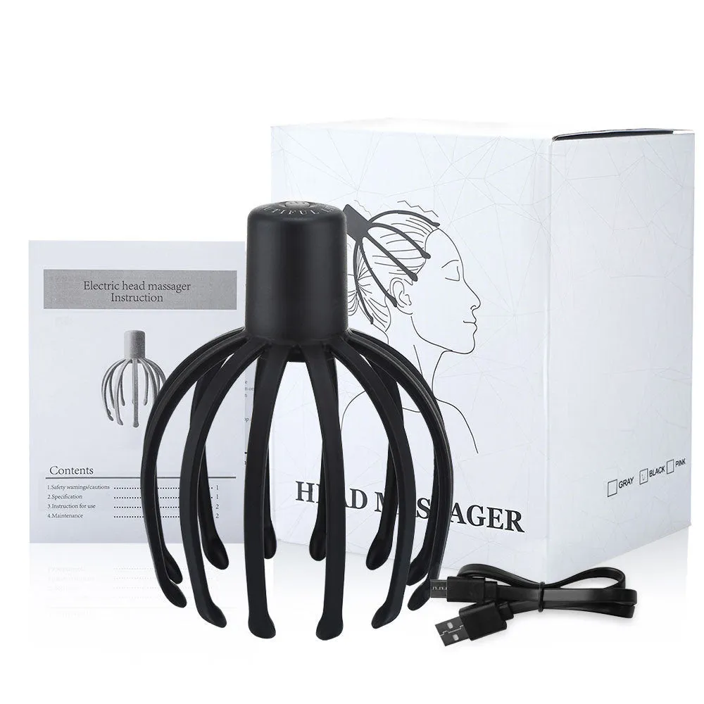 Black electric scalp massager with TPE 3D massage arms and USB charging cable