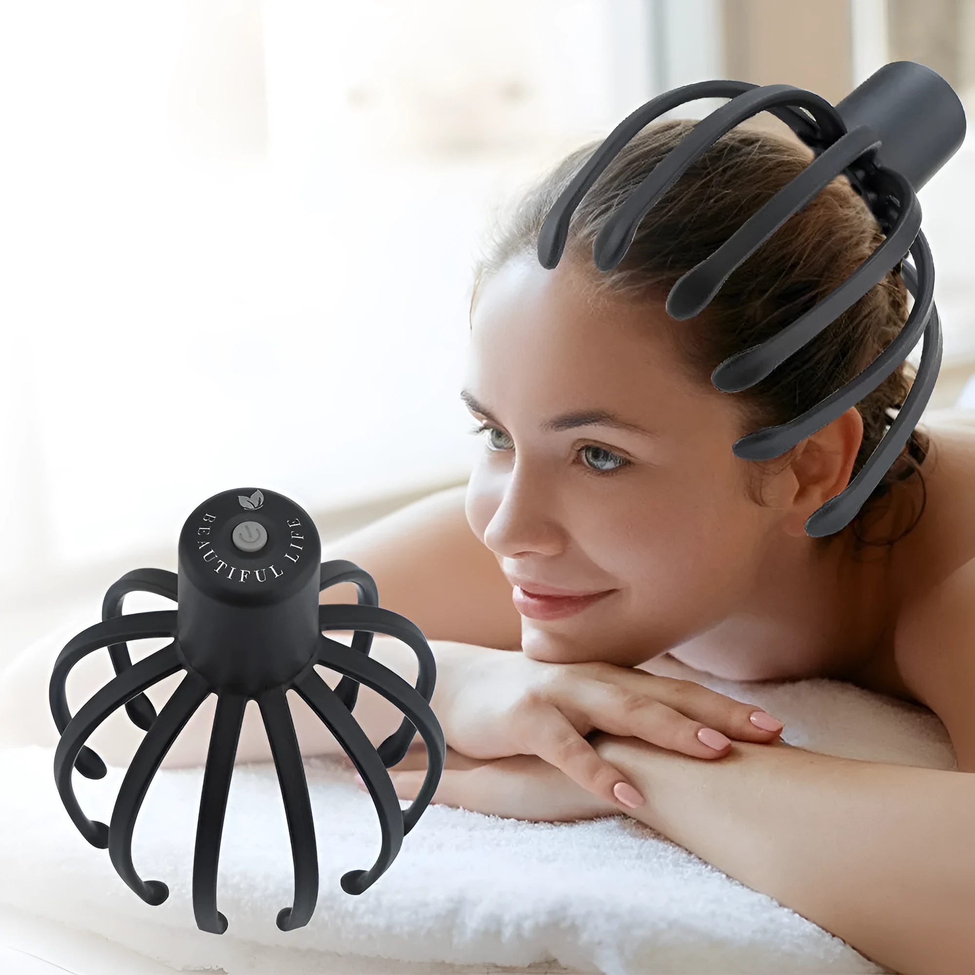 Black electric scalp massager with TPE 3D massage arms and USB charging cable