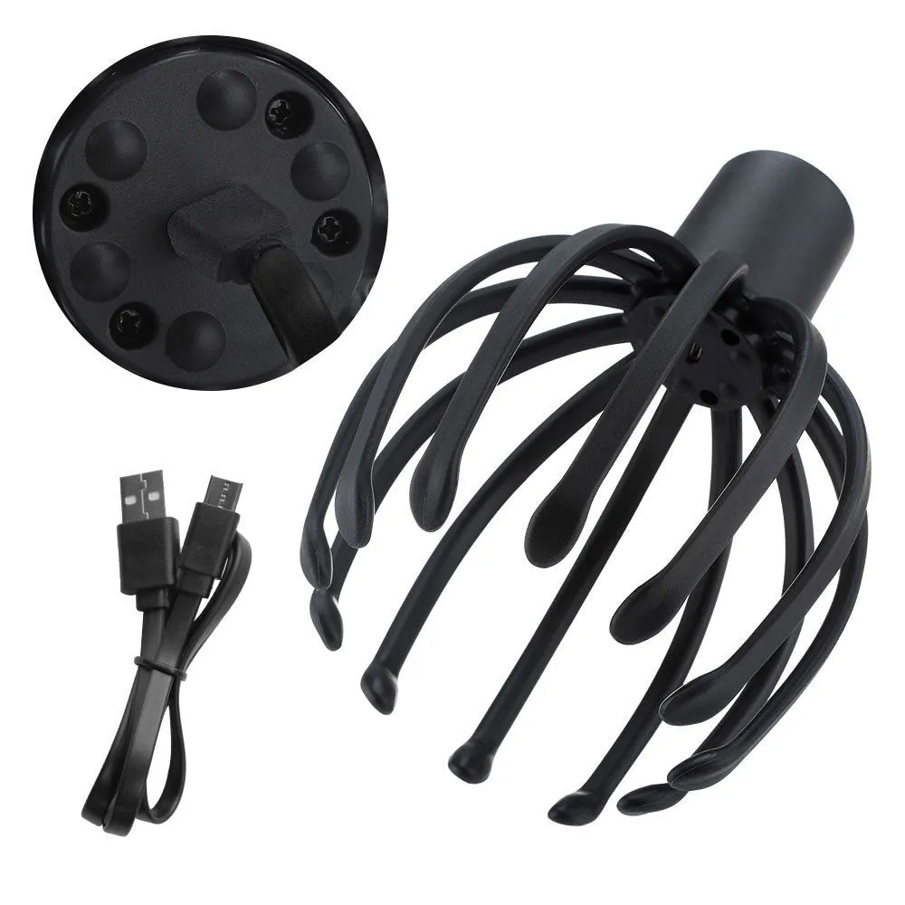 Black electric scalp massager with TPE 3D massage arms and USB charging cable