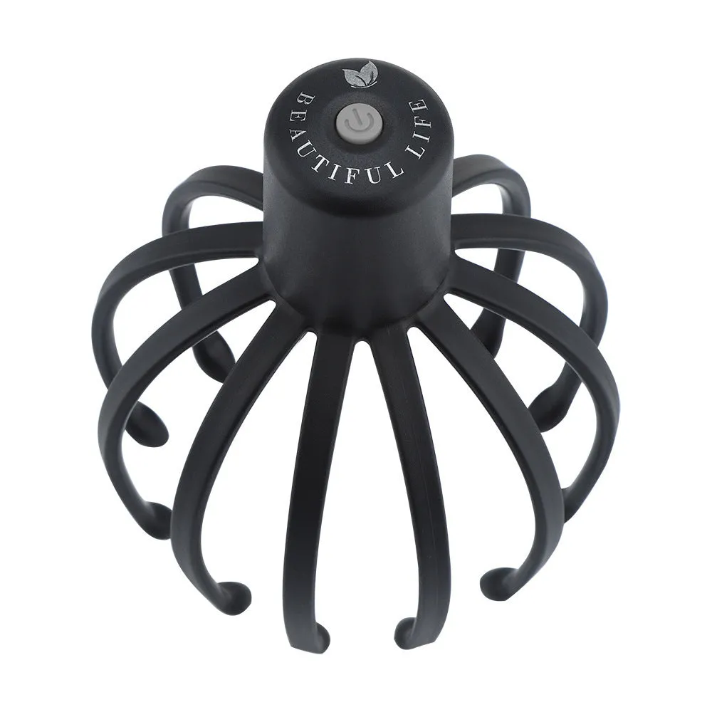 Black electric scalp massager with TPE 3D massage arms and USB charging cable