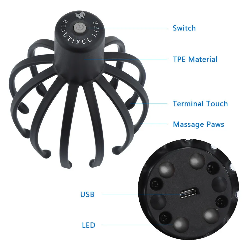Black electric scalp massager with TPE 3D massage arms and USB charging cable