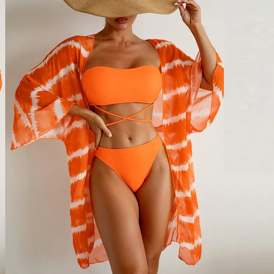 Women's nylon colour block three piece swimsuit set in orange with cardigan