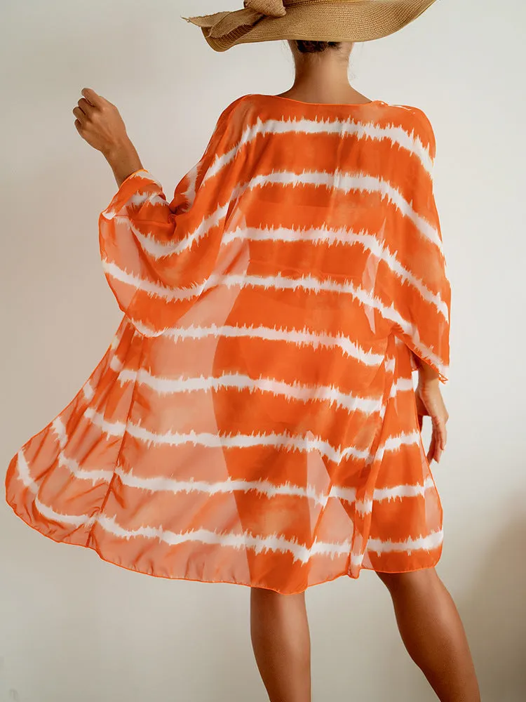 Women's nylon colour block three piece swimsuit set in orange with cardigan
