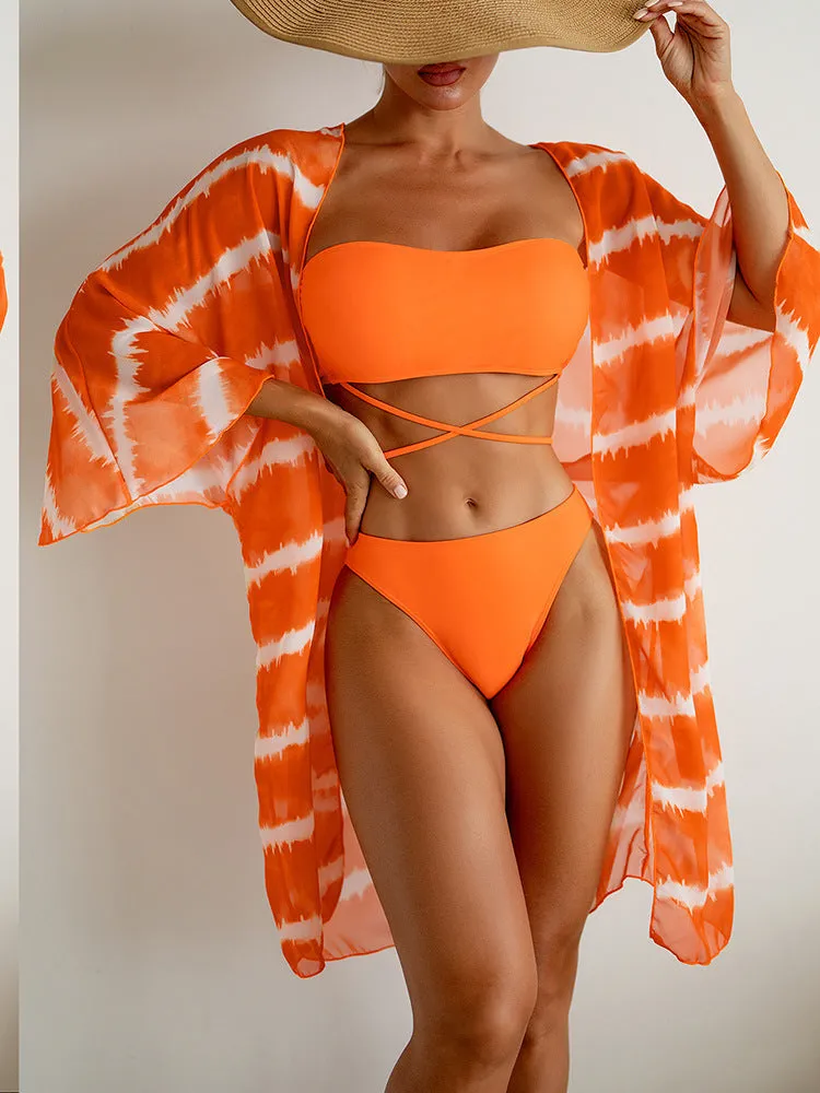 Women's nylon colour block three piece swimsuit set in orange with cardigan