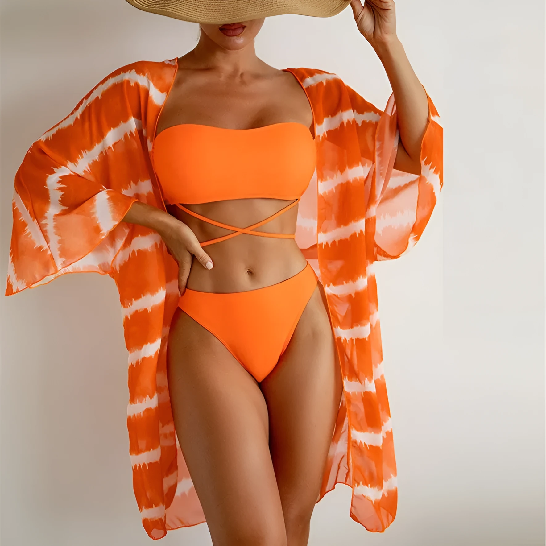 Women's nylon colour block three piece swimsuit set in orange with cardigan