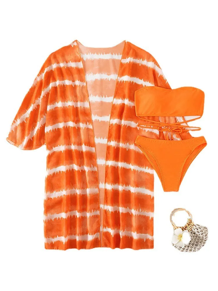 Women's nylon colour block three piece swimsuit set in orange with cardigan