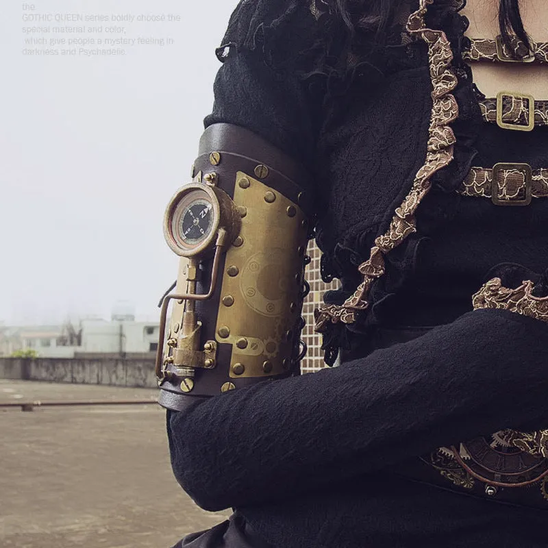 Steampunk compass bracelet with metal compass pendant on black PU leather strap.