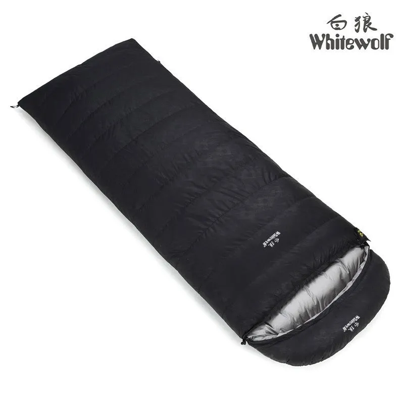 Black outdoor sleeping bag with white goose down fill and durable nylon shell.