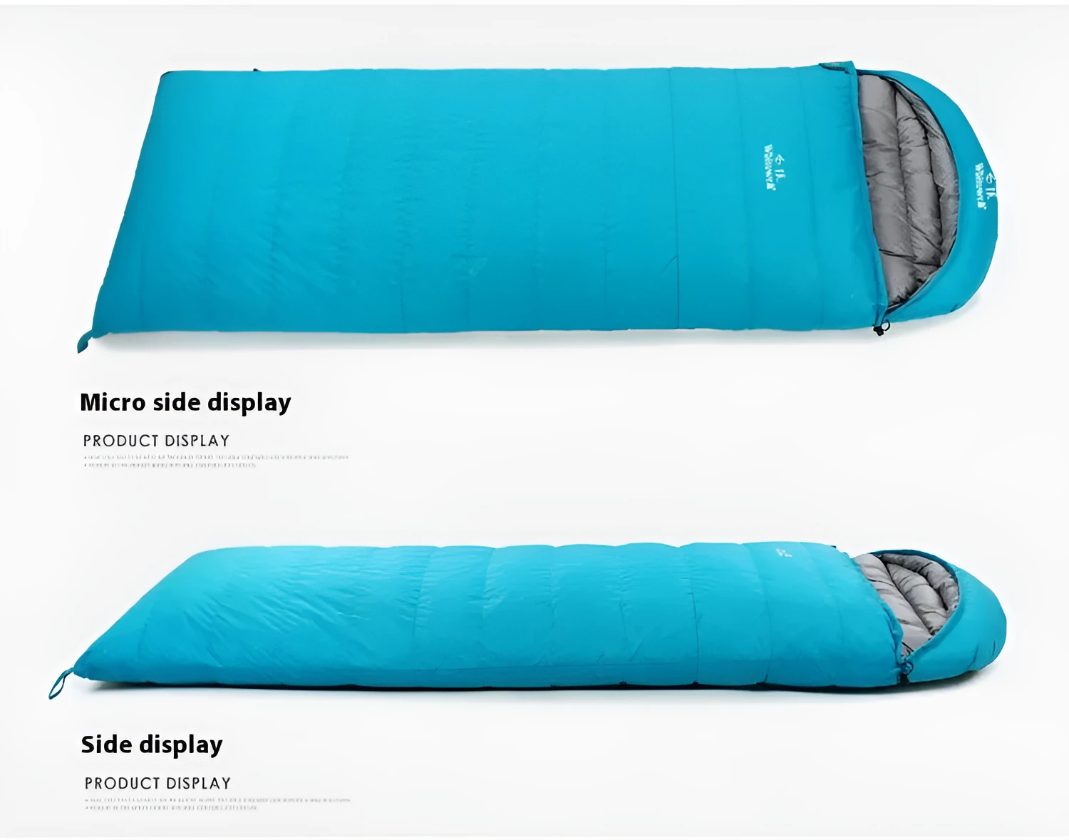 Black outdoor sleeping bag with white goose down fill and durable nylon shell.