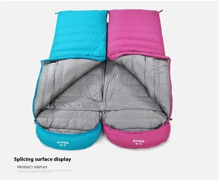 Black outdoor sleeping bag with white goose down fill and durable nylon shell.