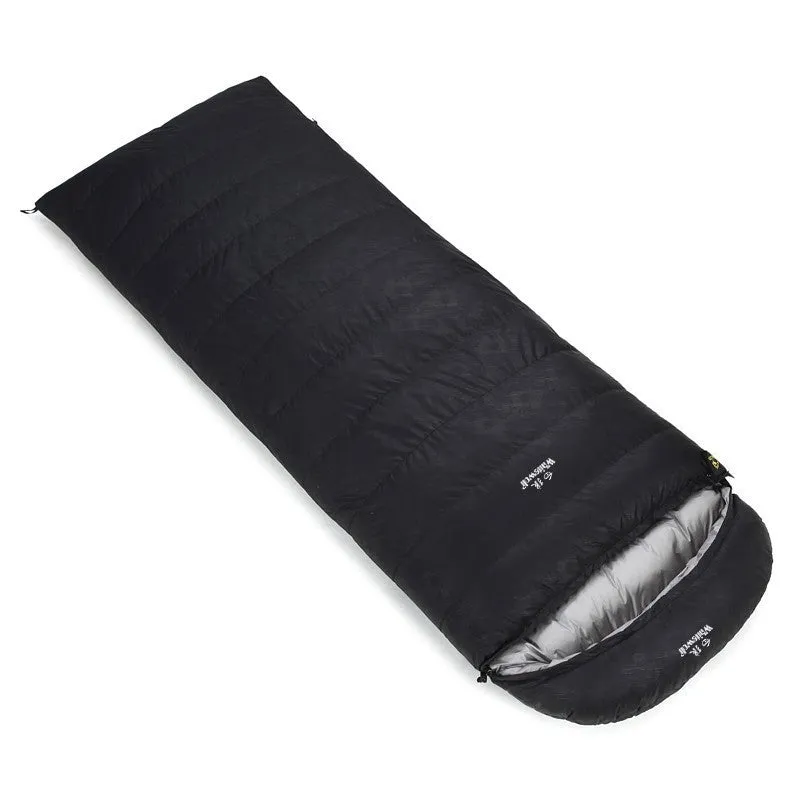 Black outdoor sleeping bag with white goose down fill and durable nylon shell.