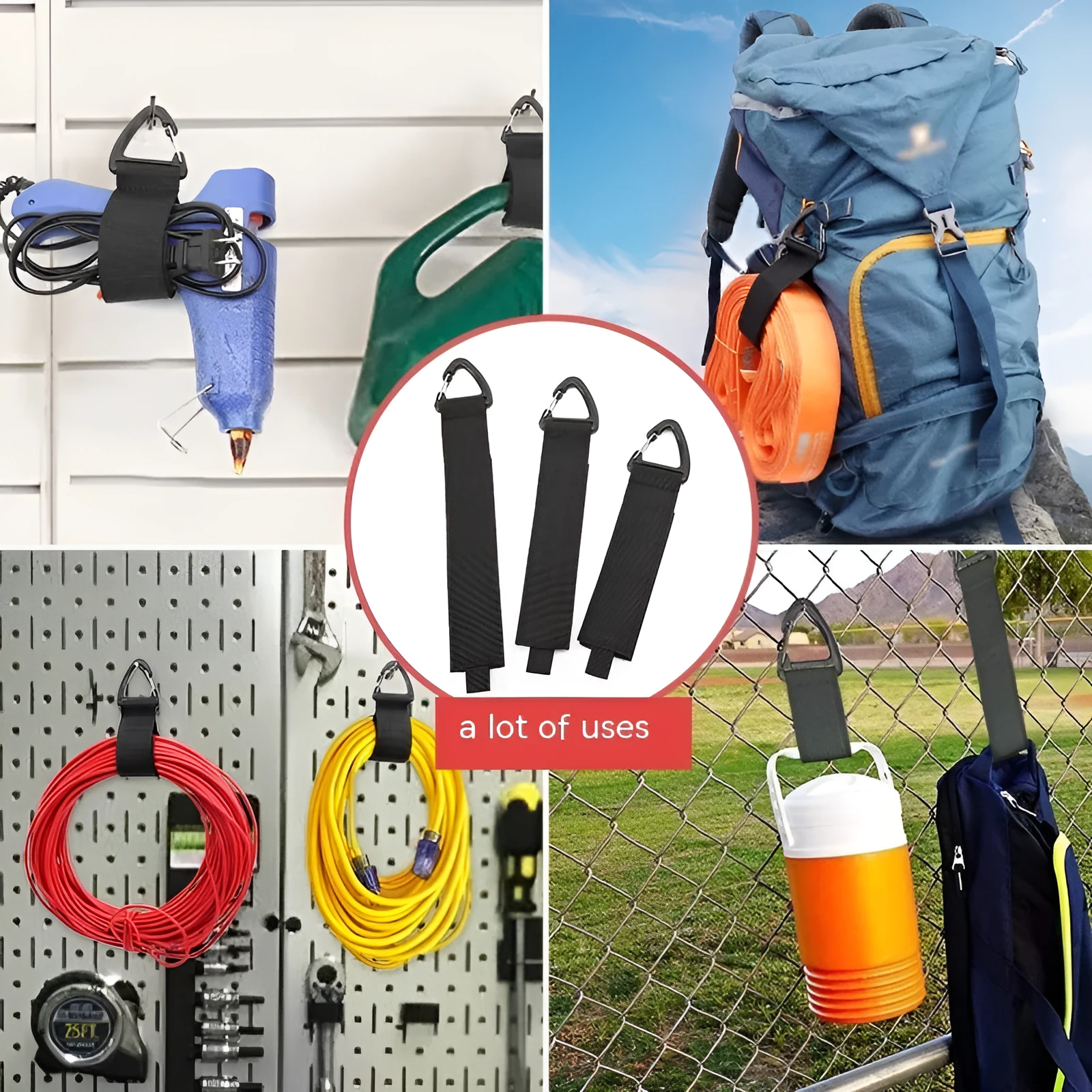 Black heavy-duty storage strap with carabiner hook and gravity strap climbing button for tool organisation