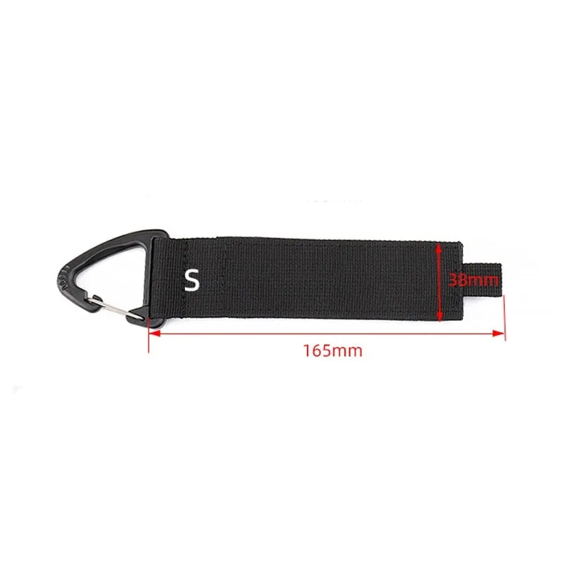 Black heavy-duty storage strap with carabiner hook and gravity strap climbing button for tool organisation