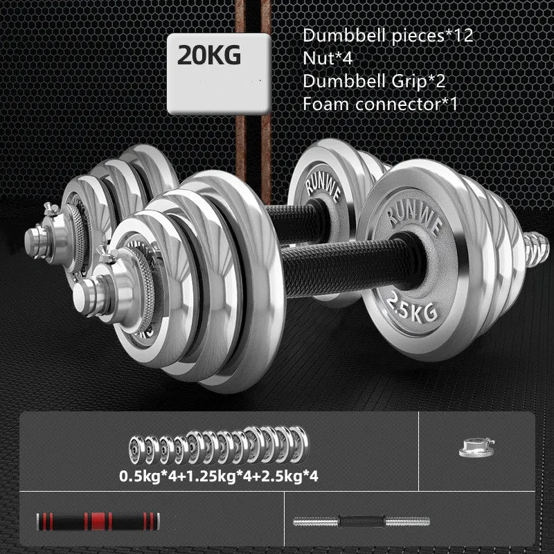 Men's home electroplating pure iron barbell set on floor, galvanised cast iron with hex nuts, black protective cover