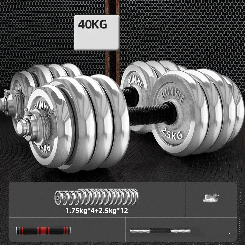 Men's home electroplating pure iron barbell set on floor, galvanised cast iron with hex nuts, black protective cover