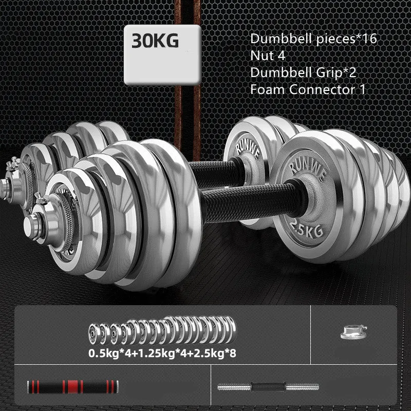 Men's home electroplating pure iron barbell set on floor, galvanised cast iron with hex nuts, black protective cover