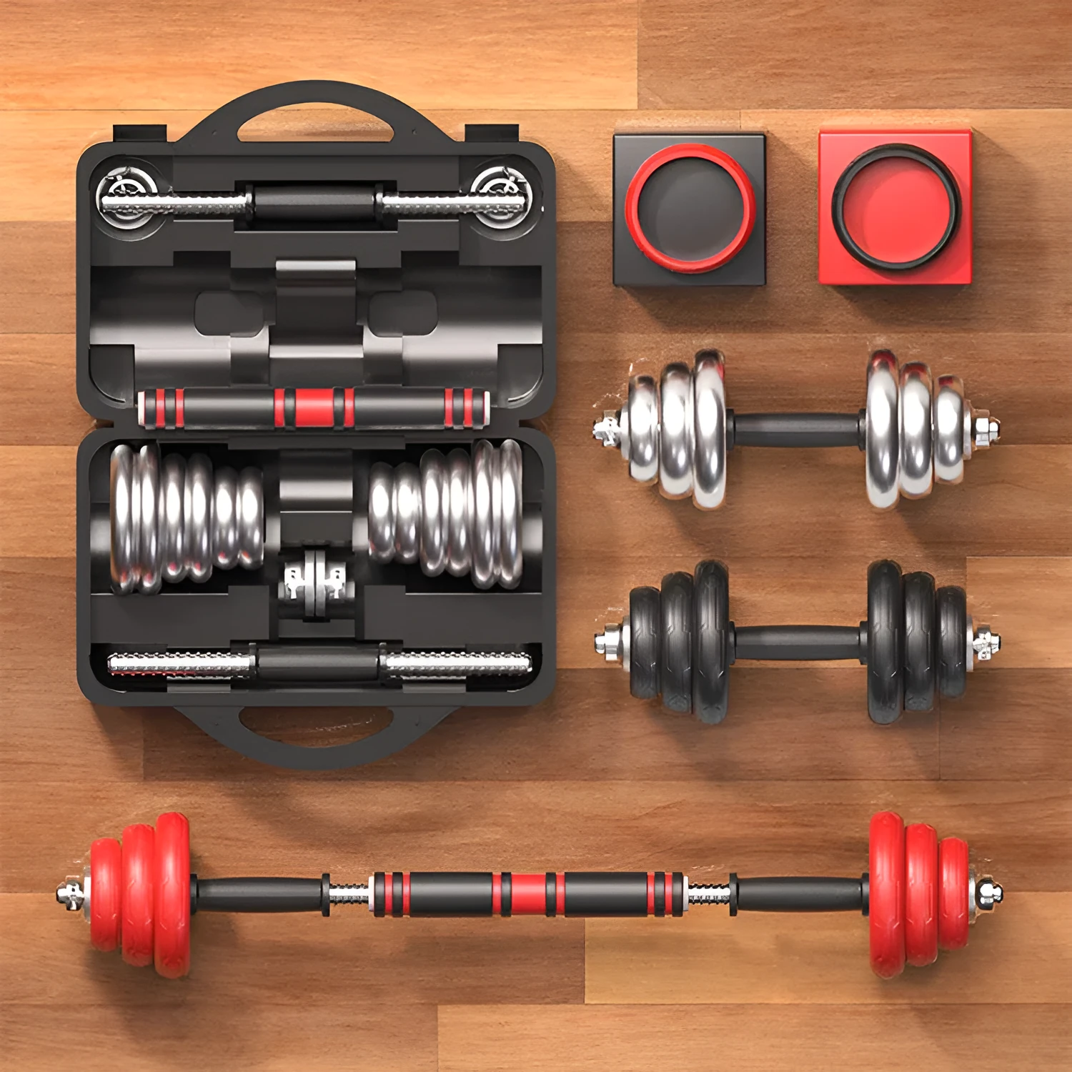 Men's home electroplating pure iron barbell set on floor, galvanised cast iron with hex nuts, black protective cover