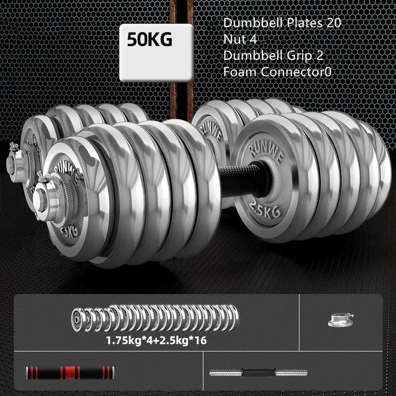 Men's home electroplating pure iron barbell set on floor, galvanised cast iron with hex nuts, black protective cover