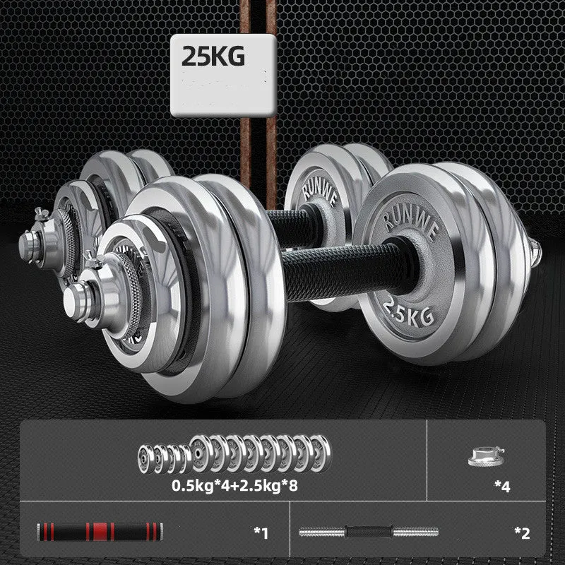 Men's home electroplating pure iron barbell set on floor, galvanised cast iron with hex nuts, black protective cover