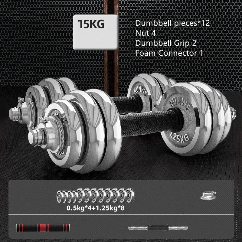 Men's home electroplating pure iron barbell set on floor, galvanised cast iron with hex nuts, black protective cover