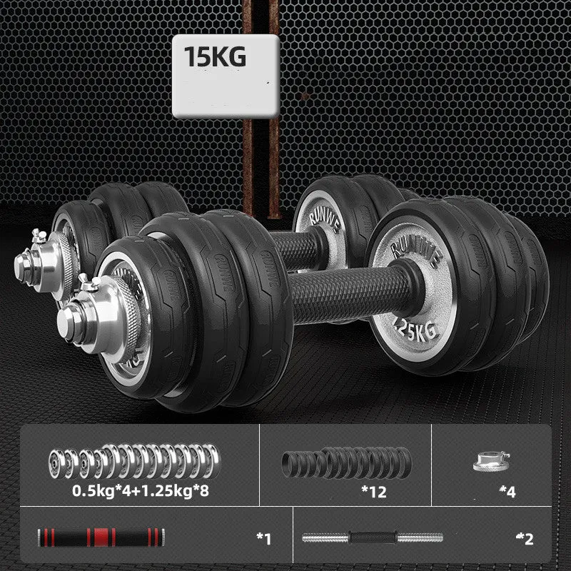 Men's home electroplating pure iron barbell set on floor, galvanised cast iron with hex nuts, black protective cover
