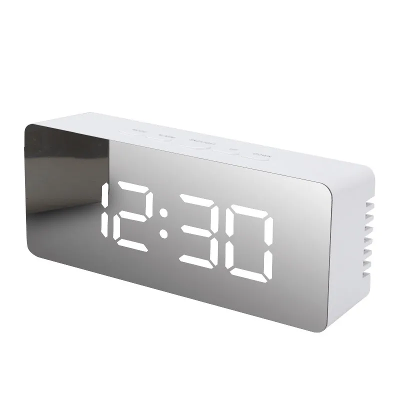 LED digital mirror desktop alarm clock with USB cable, plastic shell, rectangular white light
