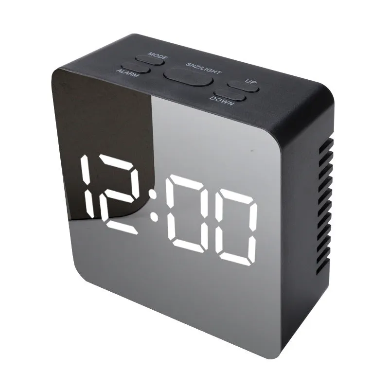 LED digital mirror desktop alarm clock with USB cable, plastic shell, rectangular white light