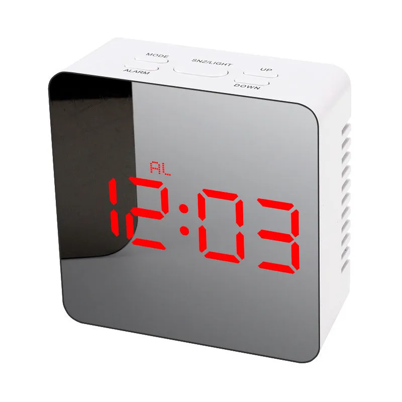 LED digital mirror desktop alarm clock with USB cable, plastic shell, rectangular white light