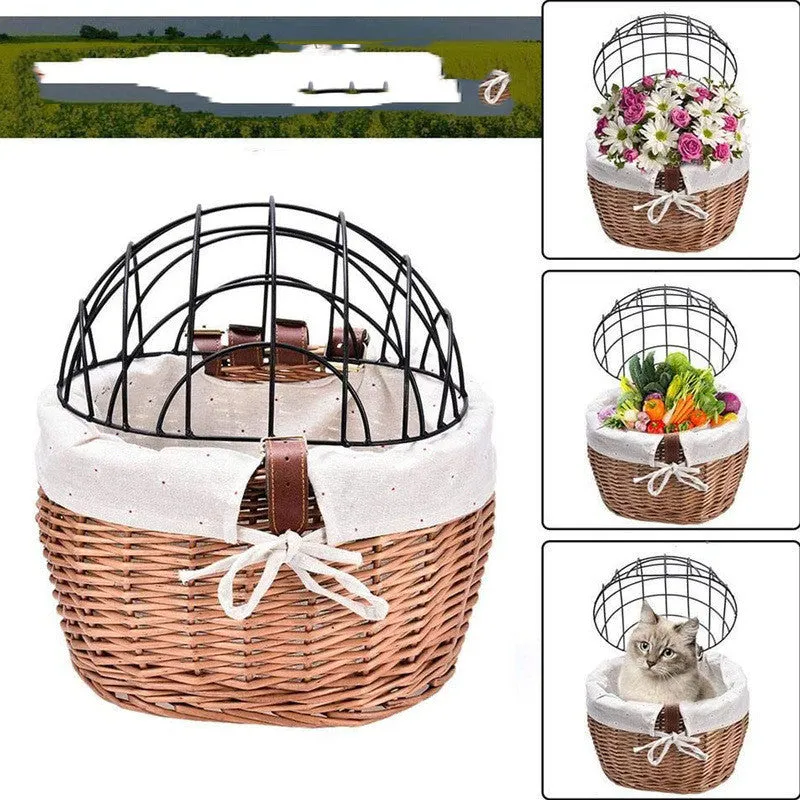 Medium honey-coloured wicker bicycle front basket for small cats and dogs on a road bike handlebar