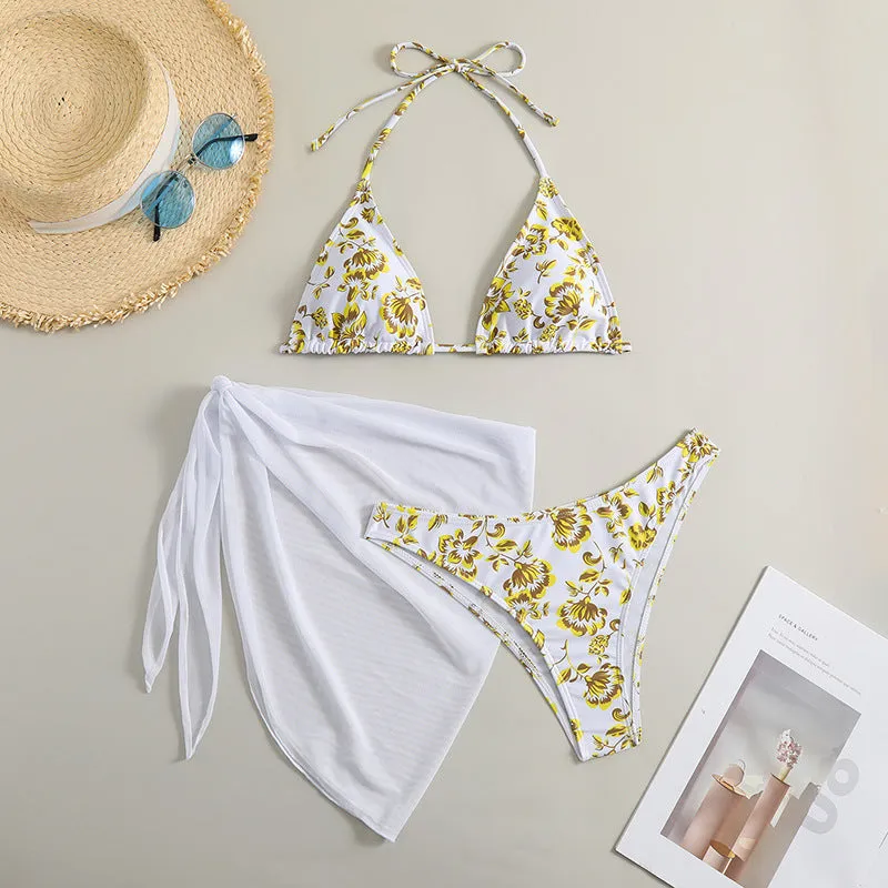 Three-piece printed bikini swimsuit for women in yellow, rose red, green, blue sizes S to XL
