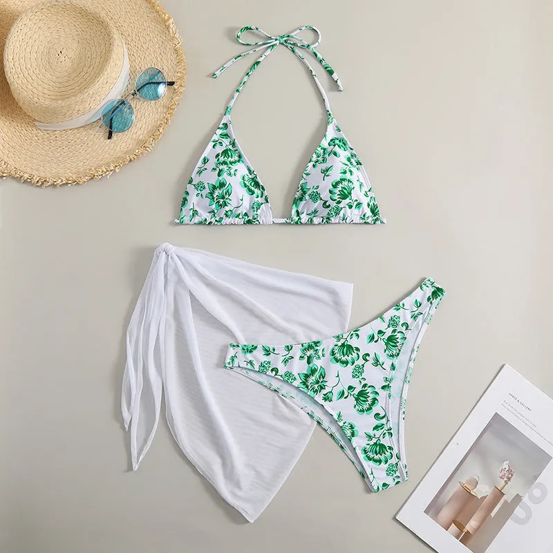 Three-piece printed bikini swimsuit for women in yellow, rose red, green, blue sizes S to XL