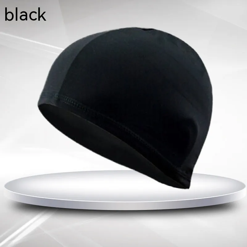 Black single line polyester cloth swim cap for adult swimming