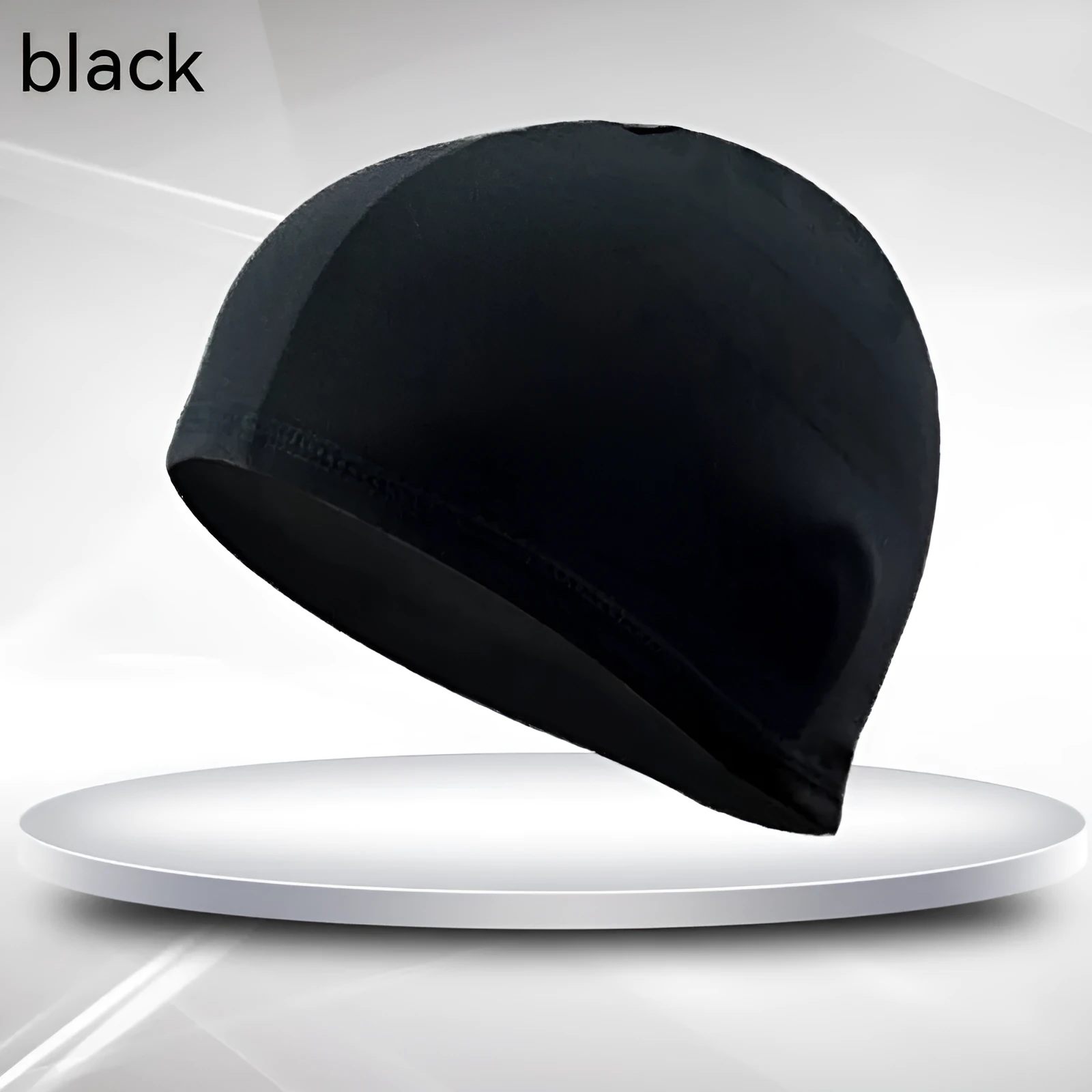Black single line polyester cloth swim cap for adult swimming