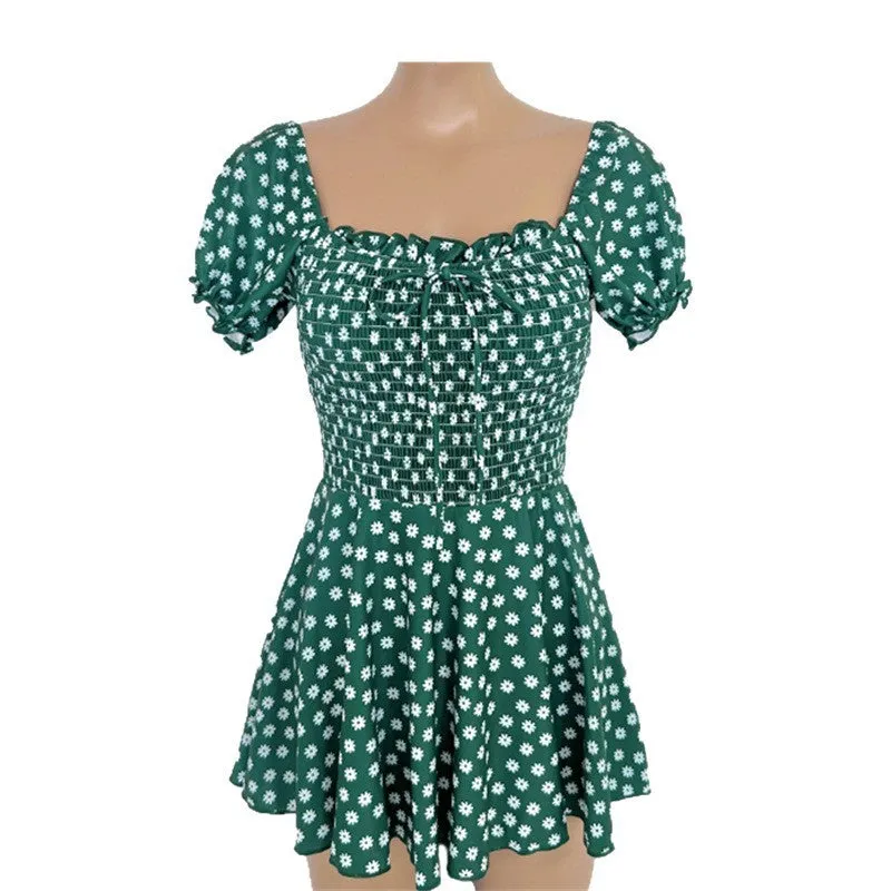 Floral one-piece skirt-style swimsuit for women short sleeves nylon fabric green colour