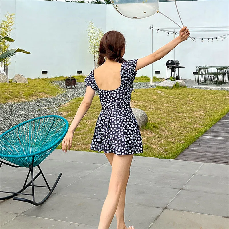 Floral one-piece skirt-style swimsuit for women short sleeves nylon fabric green colour